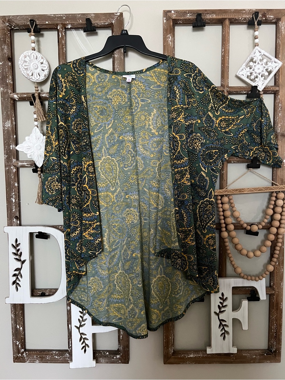 LuLaRoe Green and Gold Paisley Open-Front Tunic